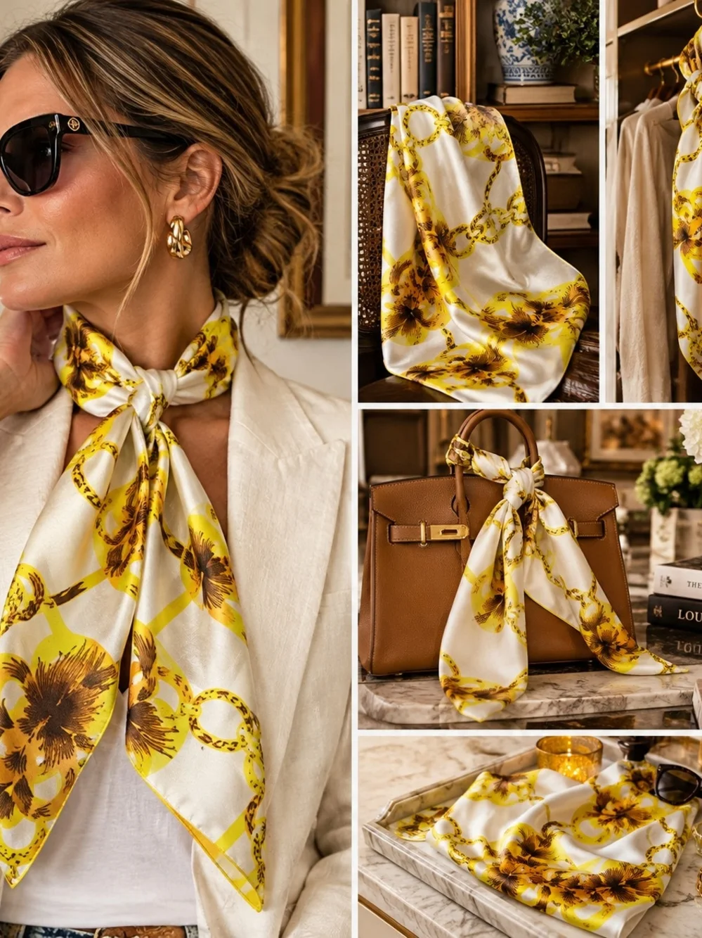 Dennis Basso Silk Scarf Yellow Gold Chain Link Print Vintage Square Wrap